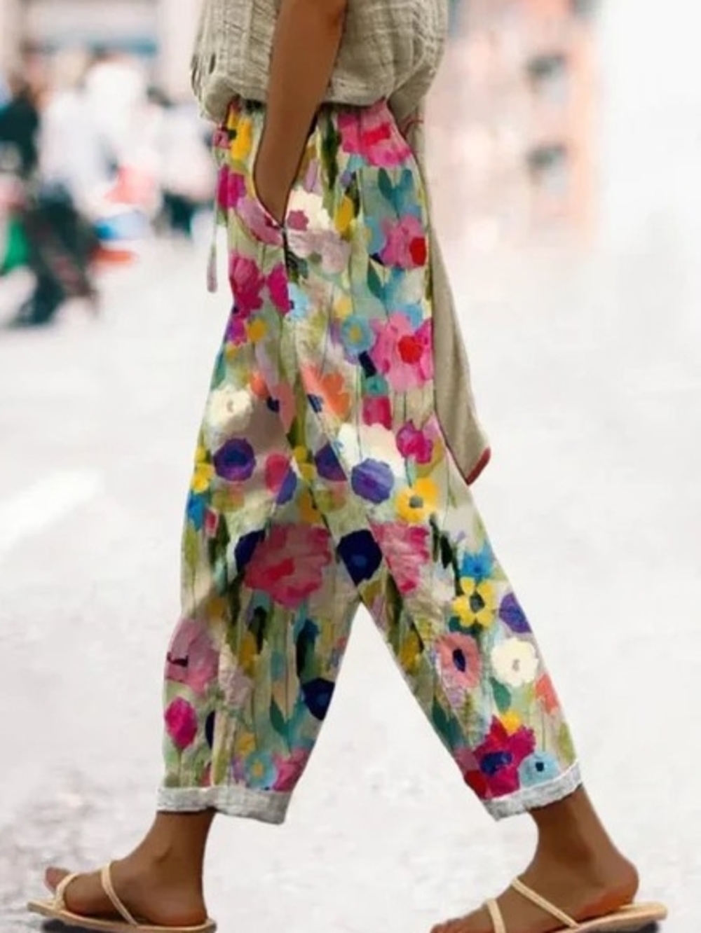Multicolor Floral Cropped Elastic Waist Cuffed Pants Misses Size Large